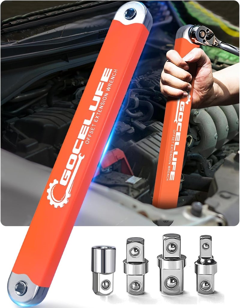 Gocelufe Offset Extension Wrench Impact - Tight Reach Wrench Set with Universal Square Drive Adapters (1/4", 3/8", 1/2") - Ideal for Tight Spaces - Unique Stocking Stuffers for Mechanics (Orange) - Image 1